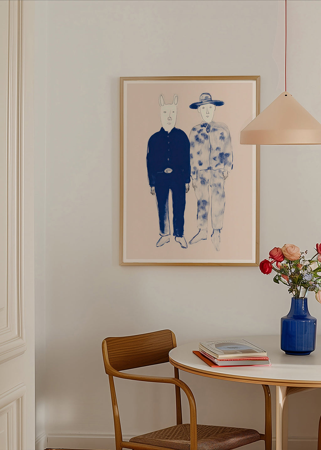 Ilustración de dos figuras con conejito en tinta azul – Product2