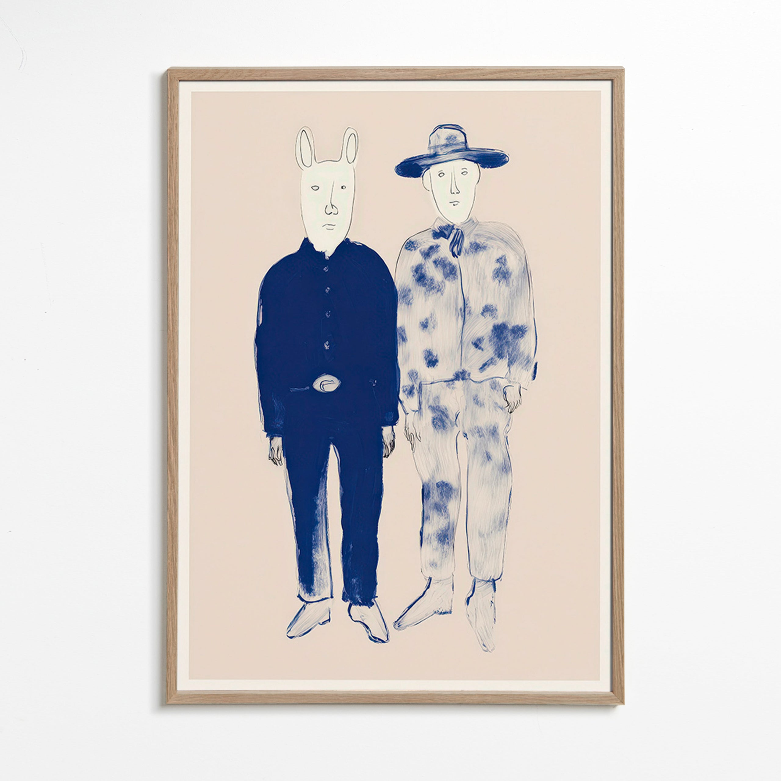 Ilustración de dos figuras con conejito en tinta azul – Oak Frame