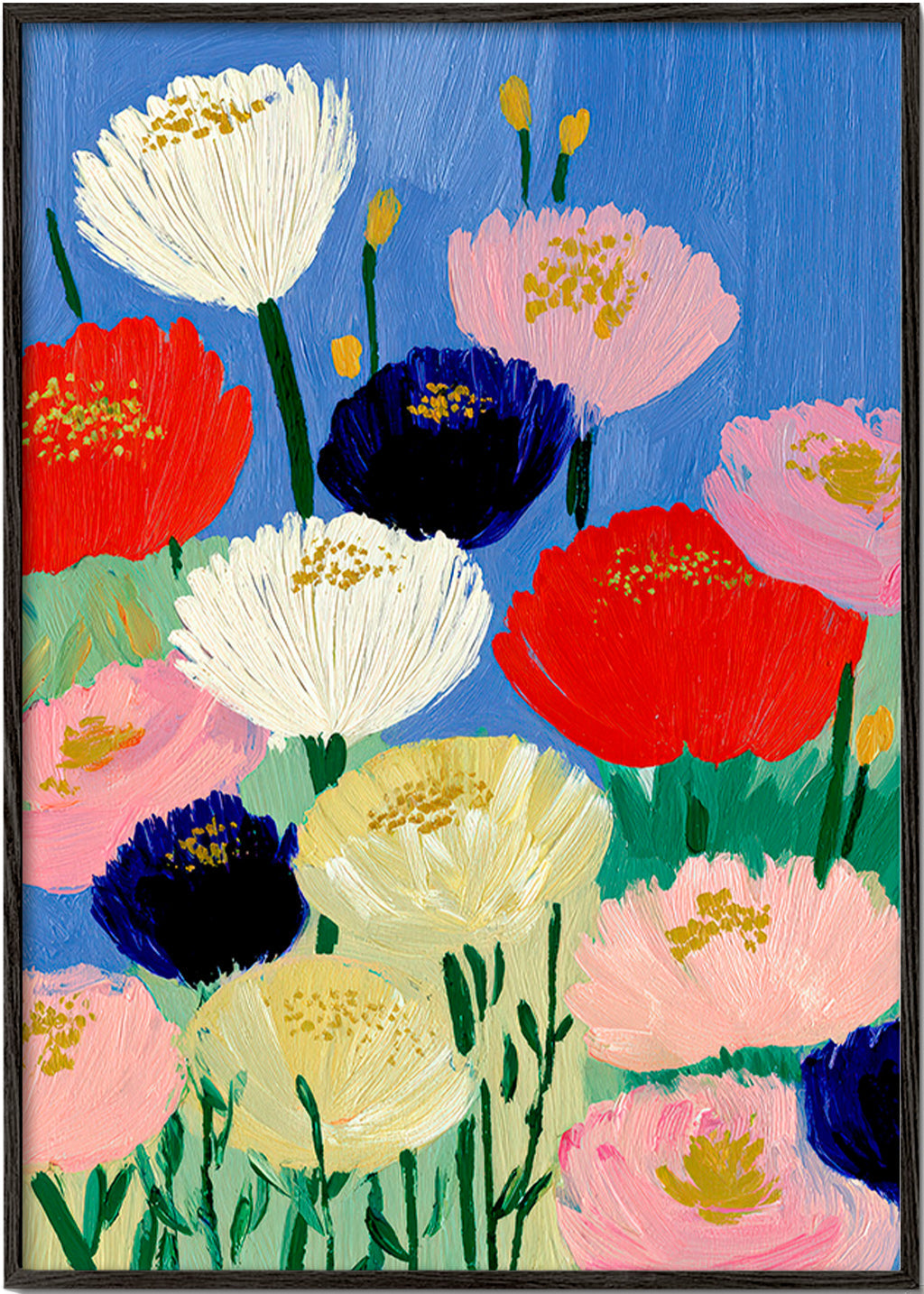 Lámina botánica con amapolas a brochazos – Black Frame