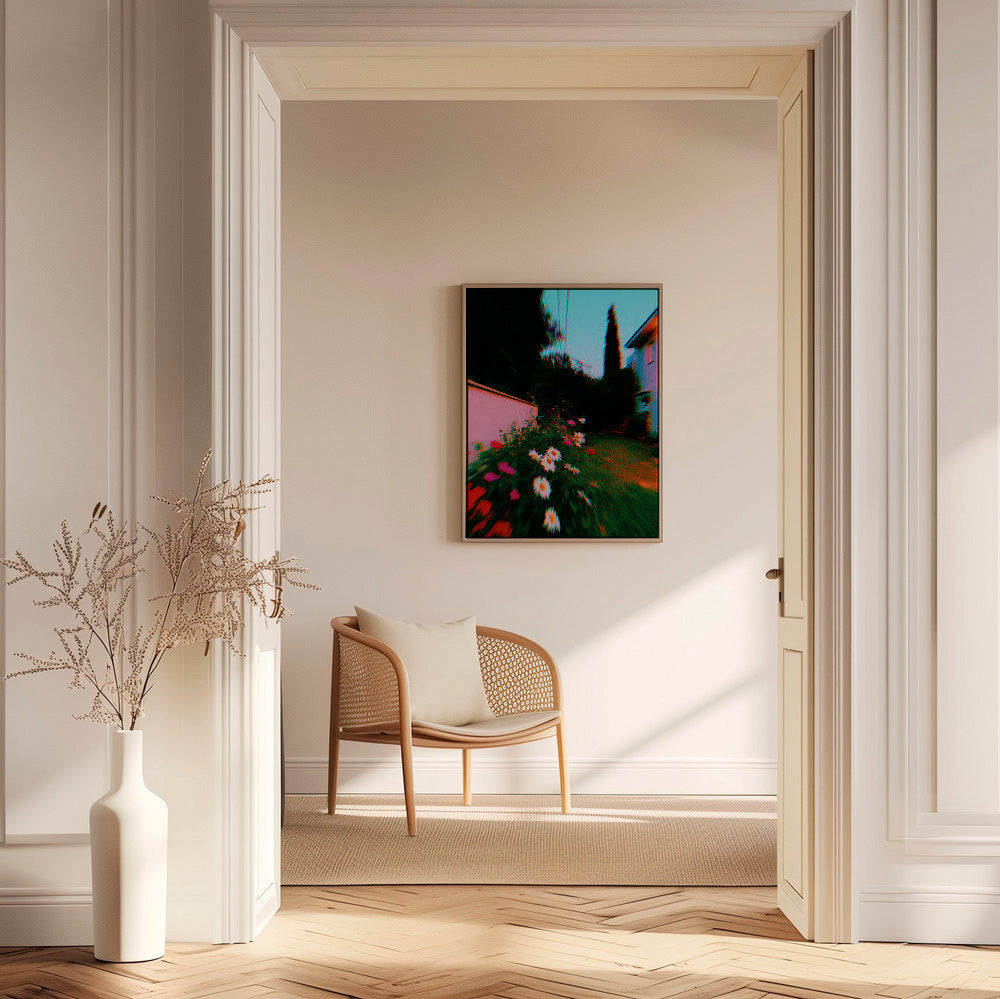 Lámina botánica con jardín borroso y margaritas – Canvas1