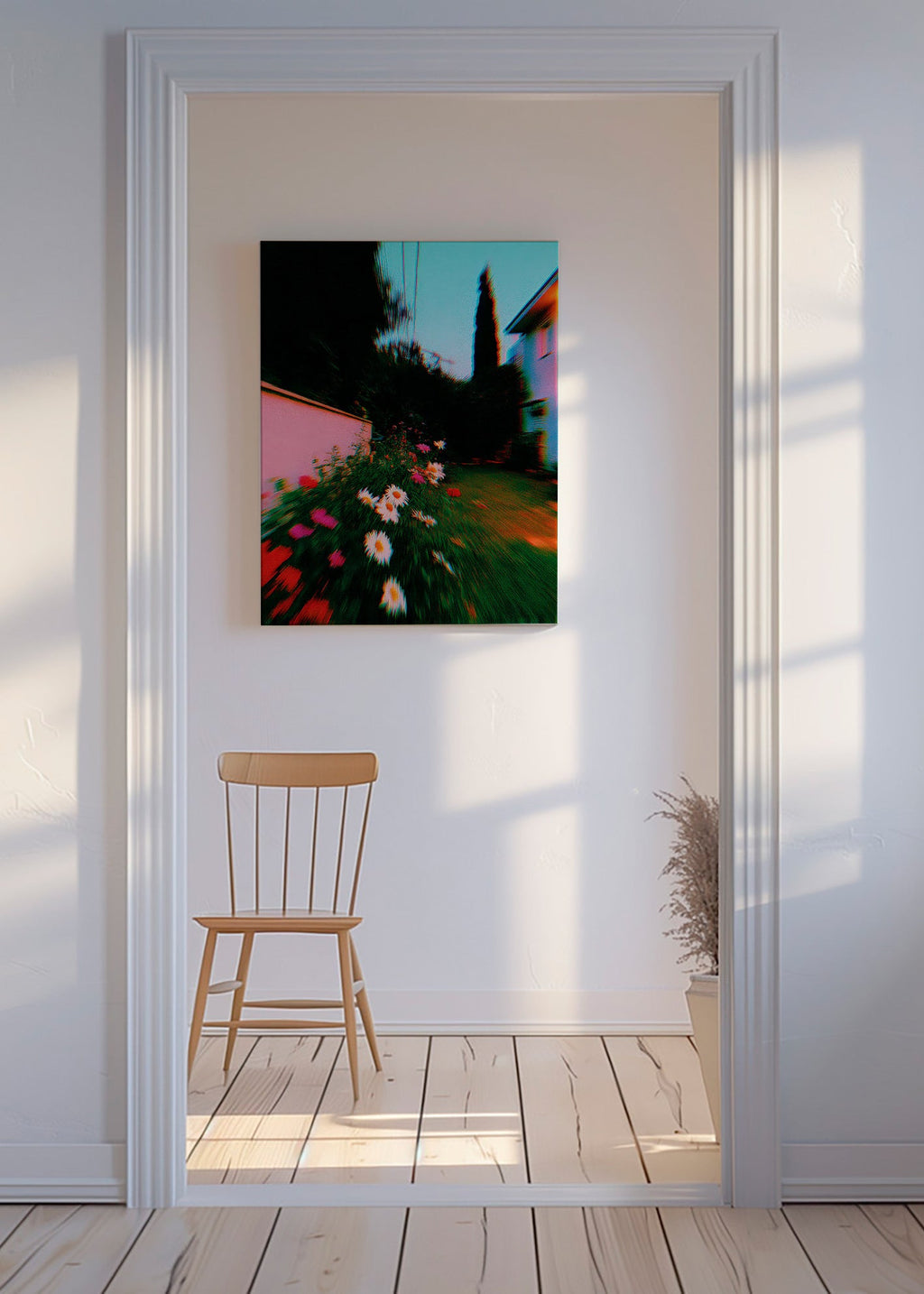 Lámina botánica con jardín borroso y margaritas – Canvas