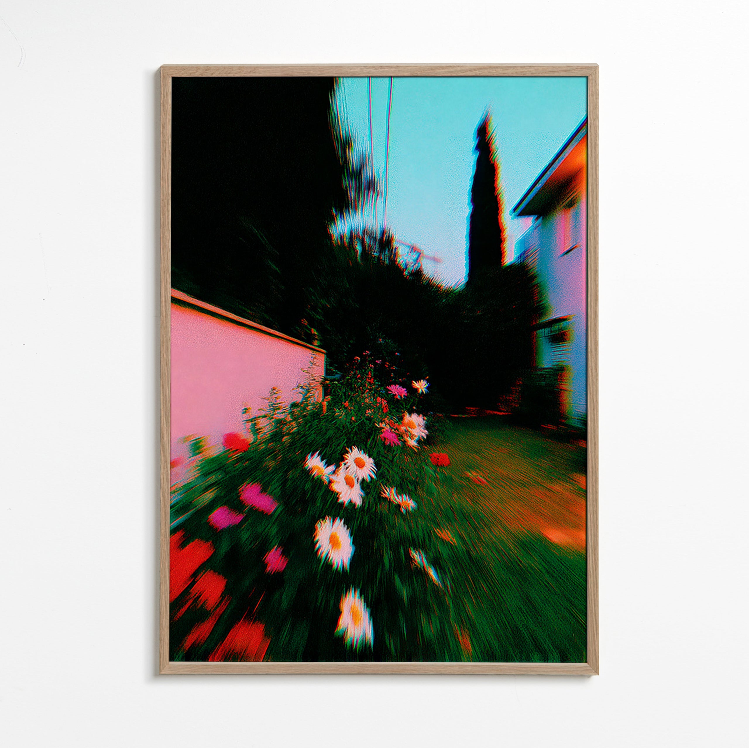 Lámina botánica con jardín borroso y margaritas – Oak Frame