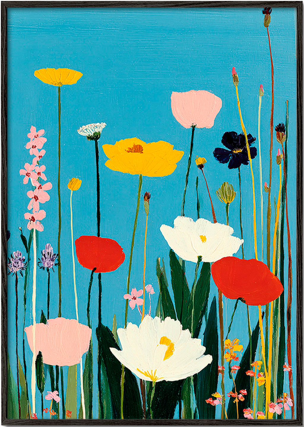Lámina botánica con flores silvestres sobre azul – Black Frame