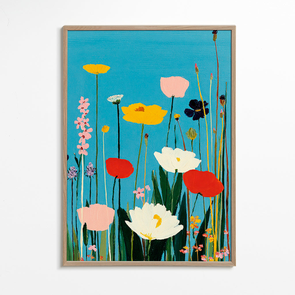 Lámina botánica con flores silvestres sobre azul – Oak Frame