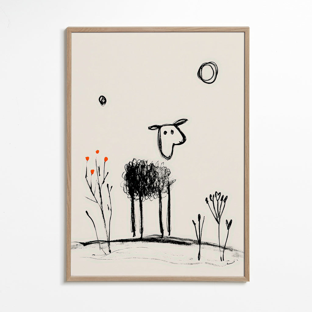 Cuadro oveja minimalista dibujo a mano – Oak Frame