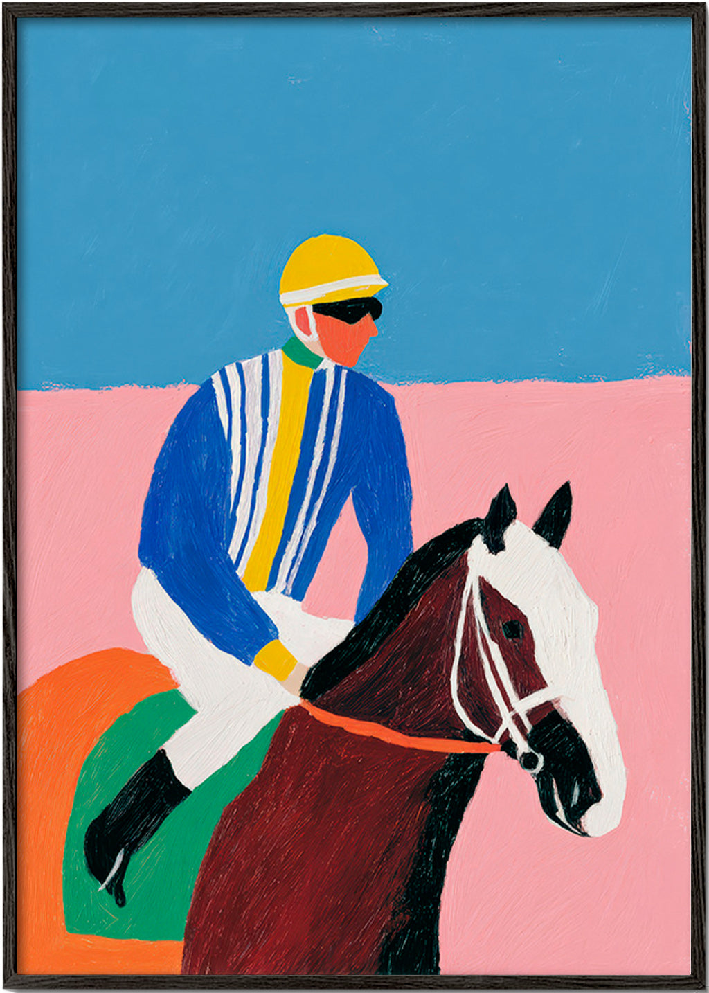 Cuadro deportivo con jockey y caballo en colores planos – Black Frame