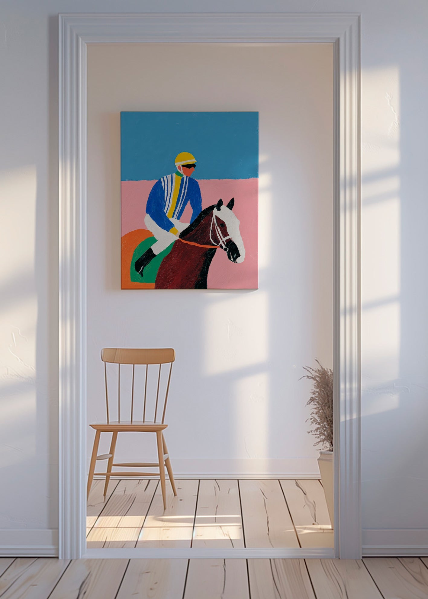 Cuadro deportivo con jockey y caballo en colores planos – Canvas