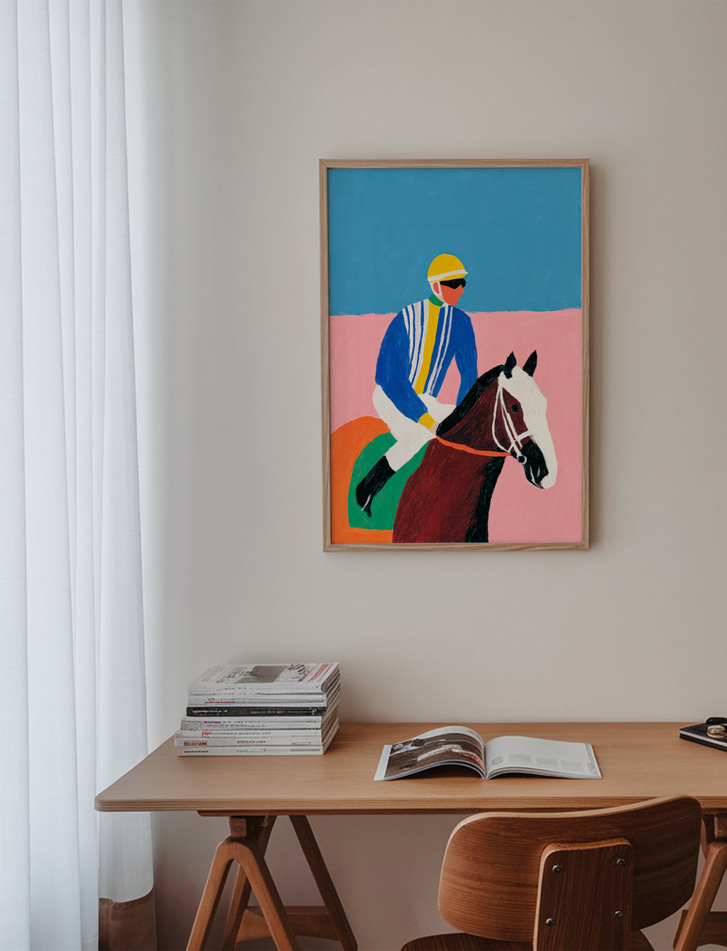 Cuadro deportivo con jockey y caballo en colores planos – Product1