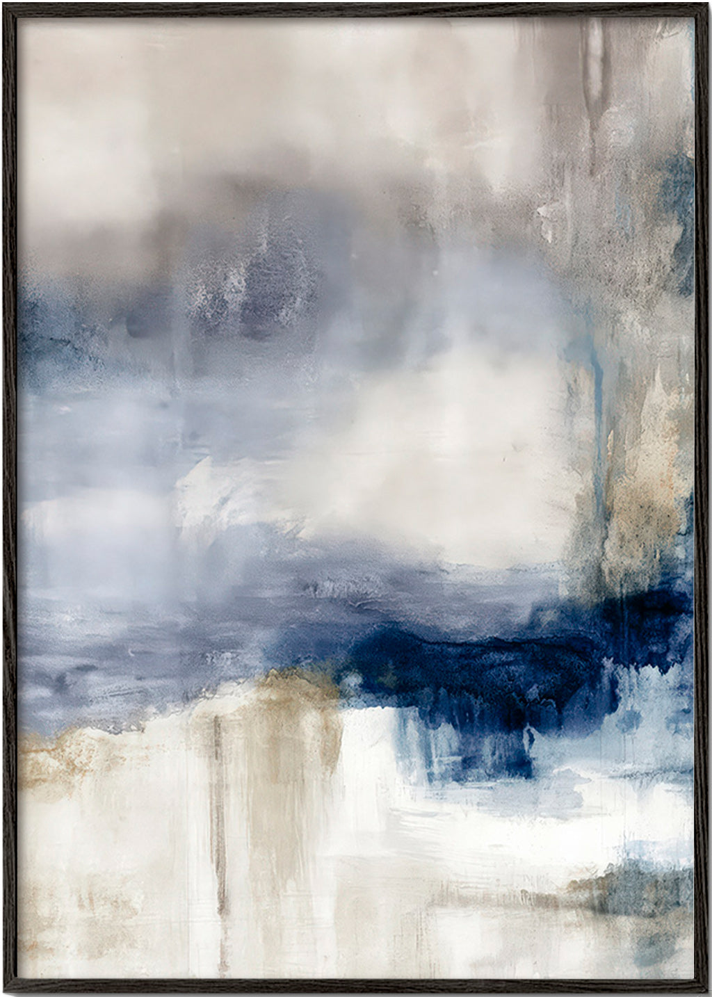 Cuadro abstracto azul y beige con textura etérea – Black Frame