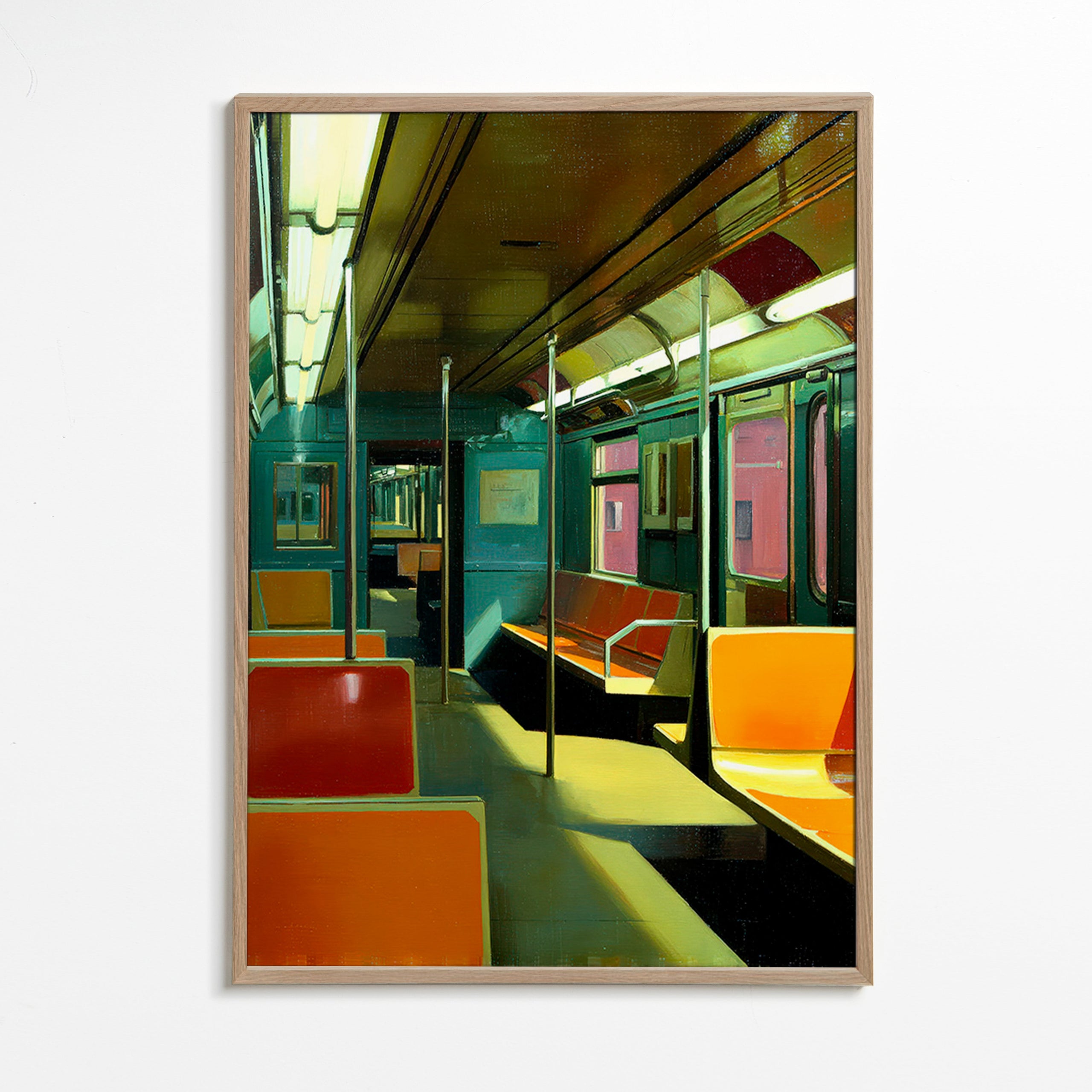 Cuadro de ciudades con vagón de metro iluminado – Oak Frame