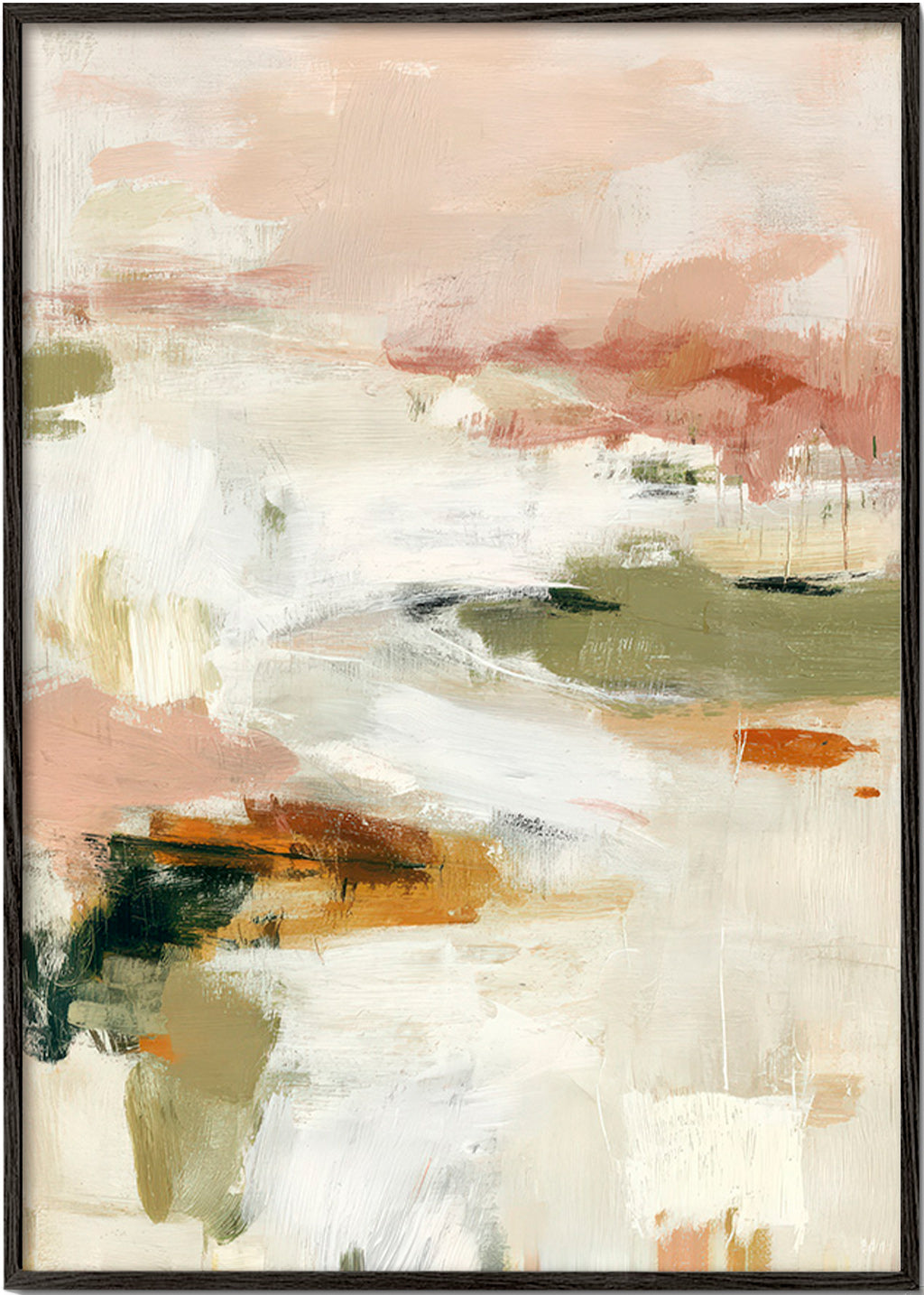 Cuadro abstracto con horizonte suave y pinceladas orgánicas – Black Frame