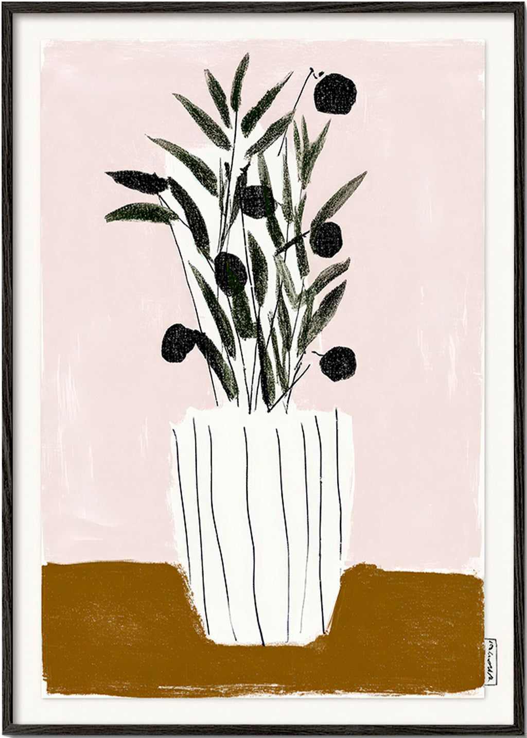 Lámina botánica con ramas y olivas – Black Frame
