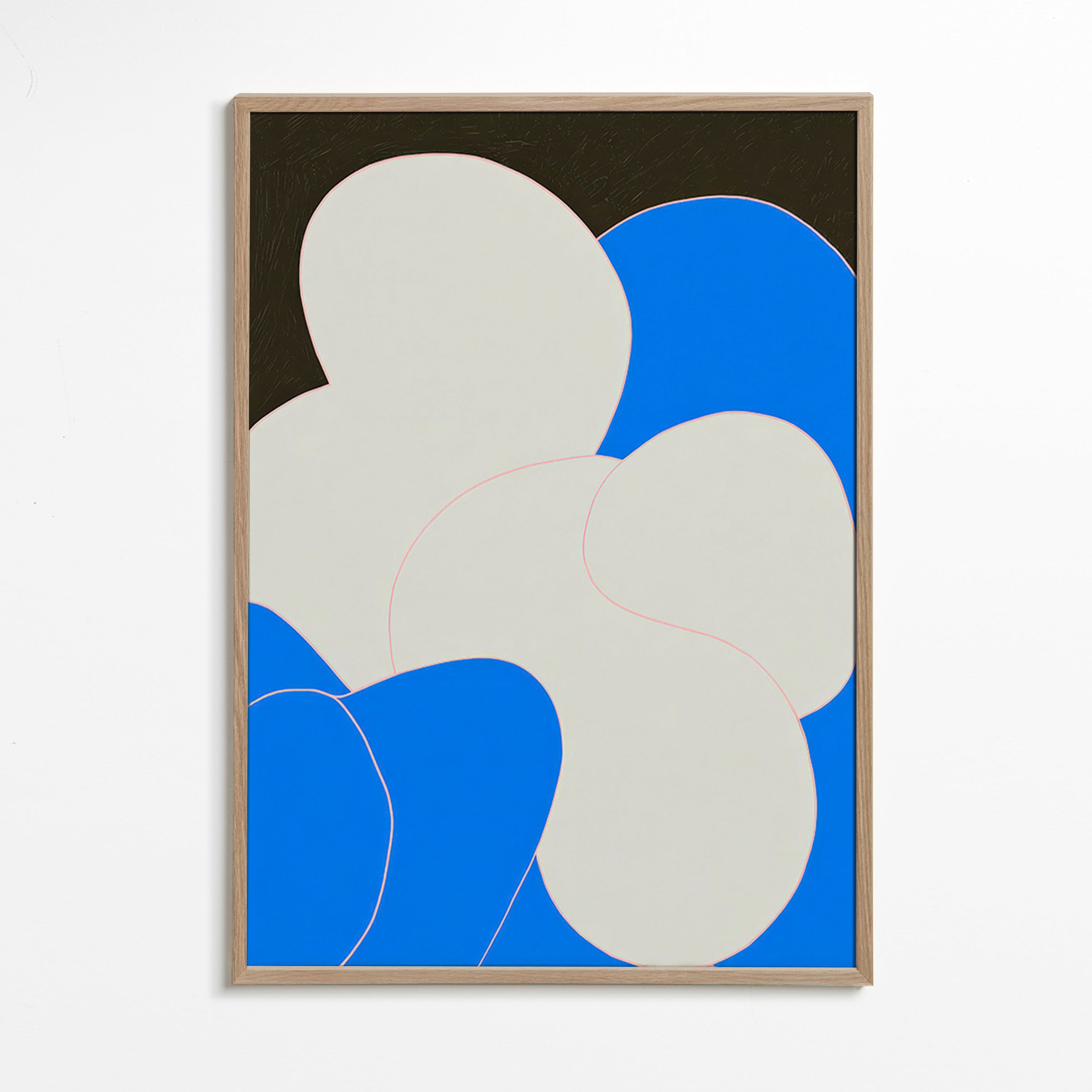 Cuadro abstracto con formas orgánicas azul y blanco – Oak Frame