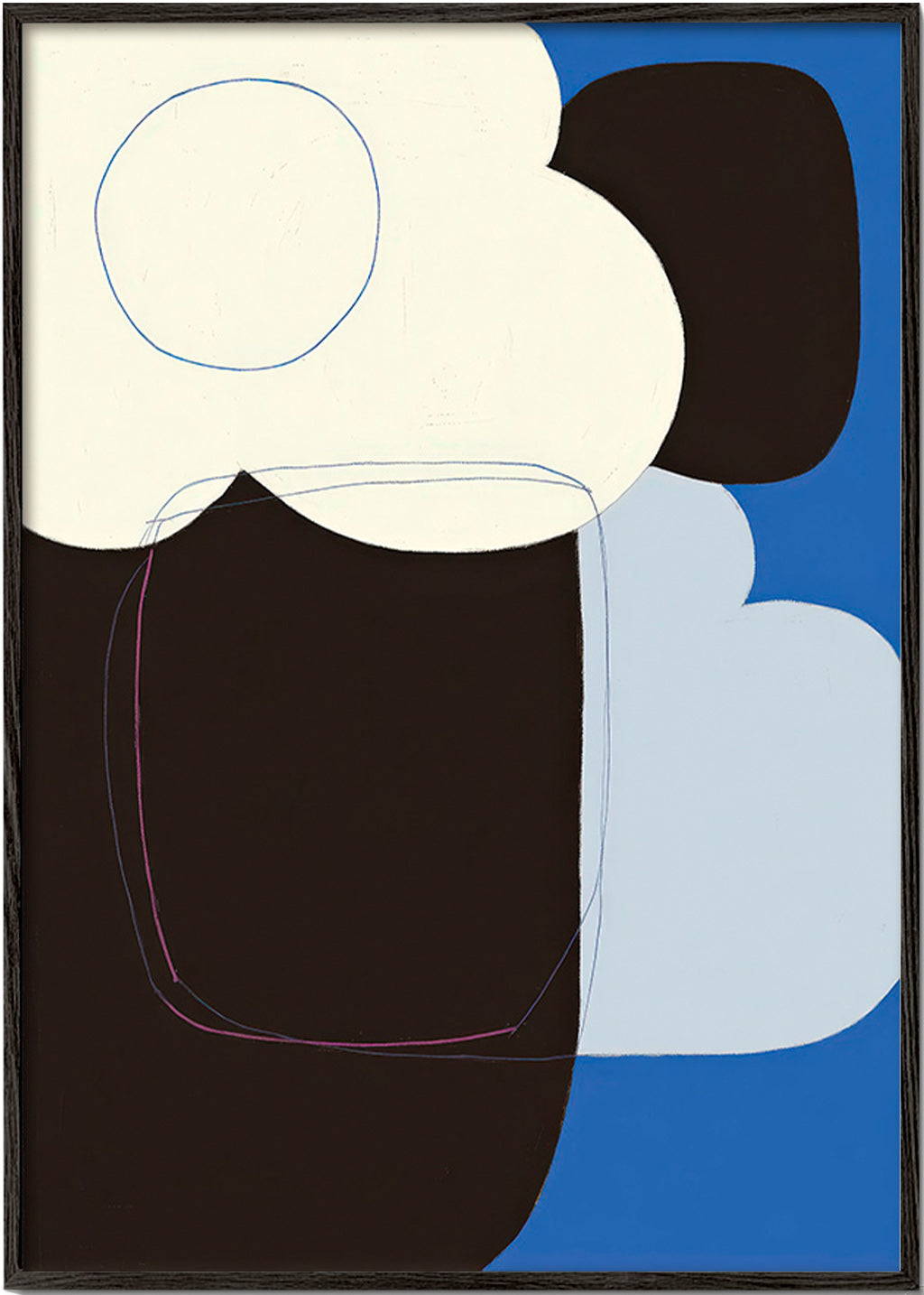Cuadro abstracto con formas orgánicas en azul – Black Frame