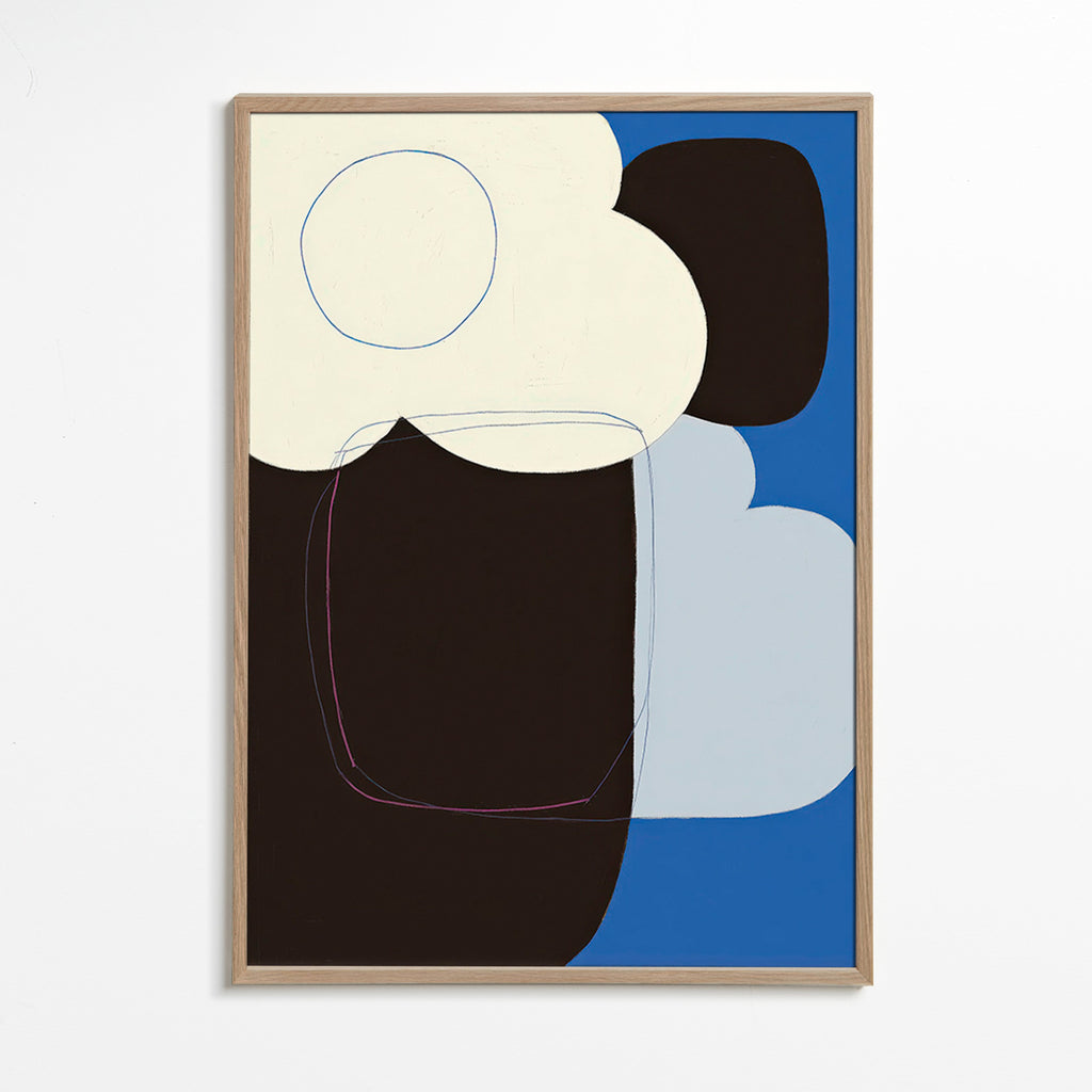 Cuadro abstracto con formas orgánicas en azul – Oak Frame