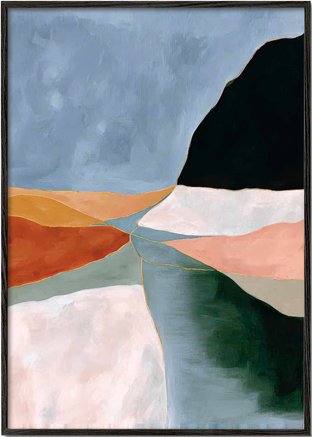 Cuadro de paisaje con valle y río en tonos tierra – Black Frame