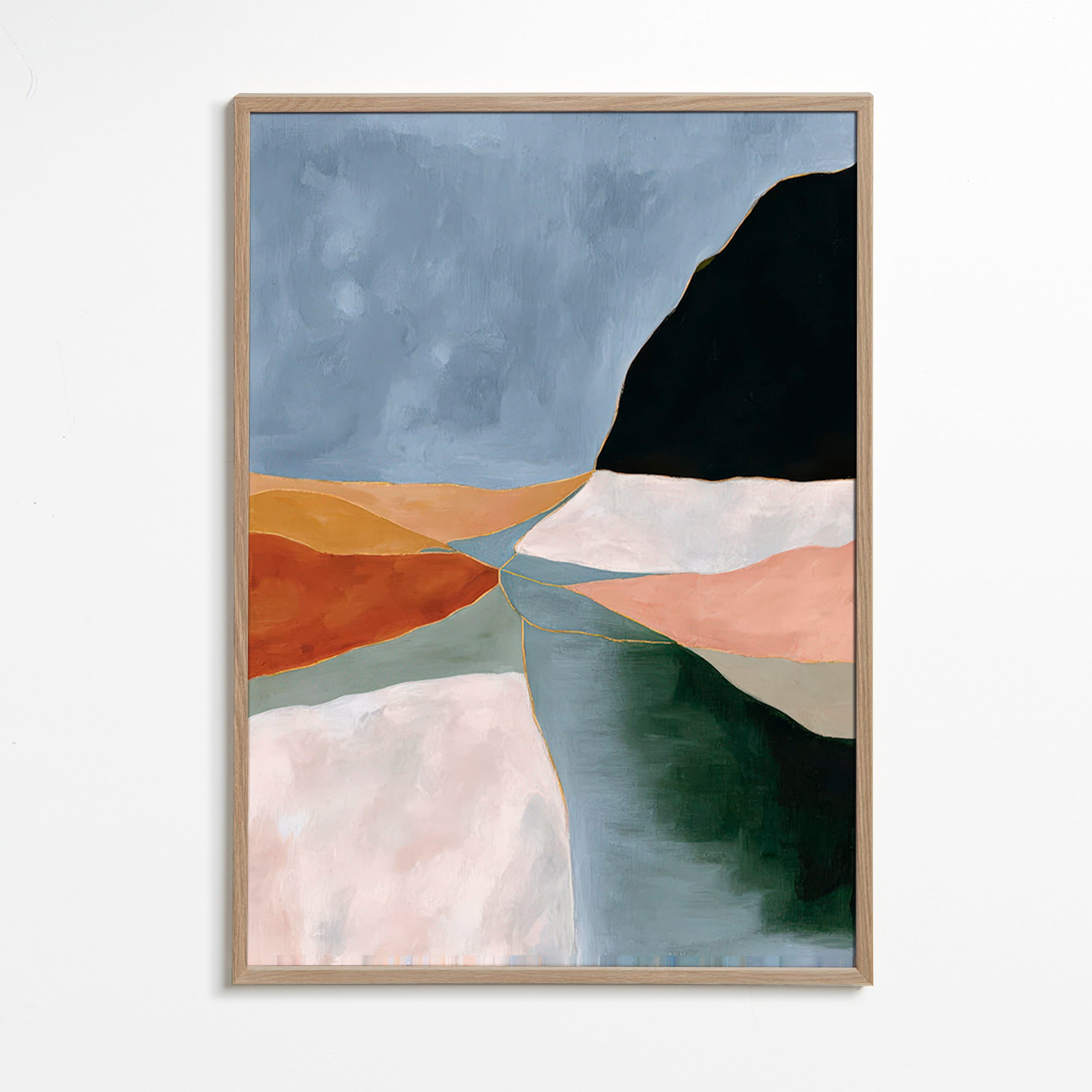 Cuadro de paisaje con valle y río en tonos tierra – Oak Frame