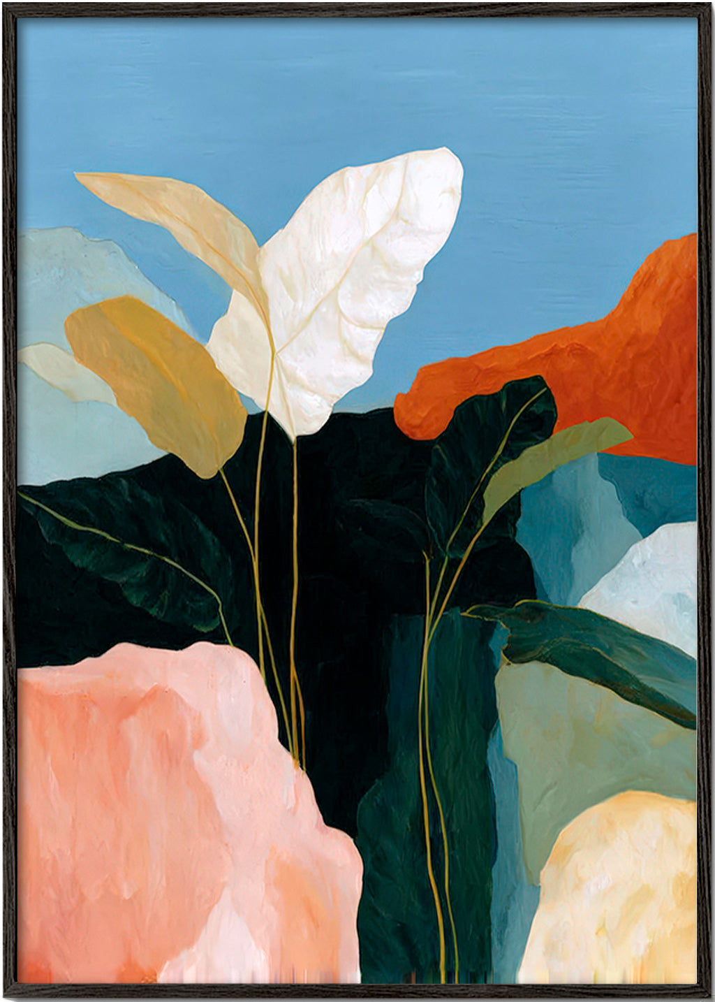 Lámina botánica hojas blancas y rocas coloridas – Black Frame