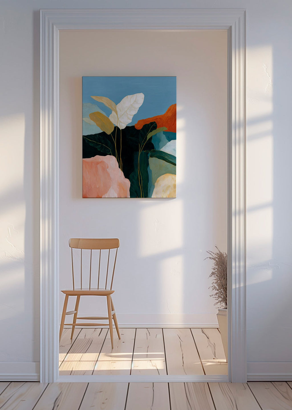 Lámina botánica hojas blancas y rocas coloridas – Canvas