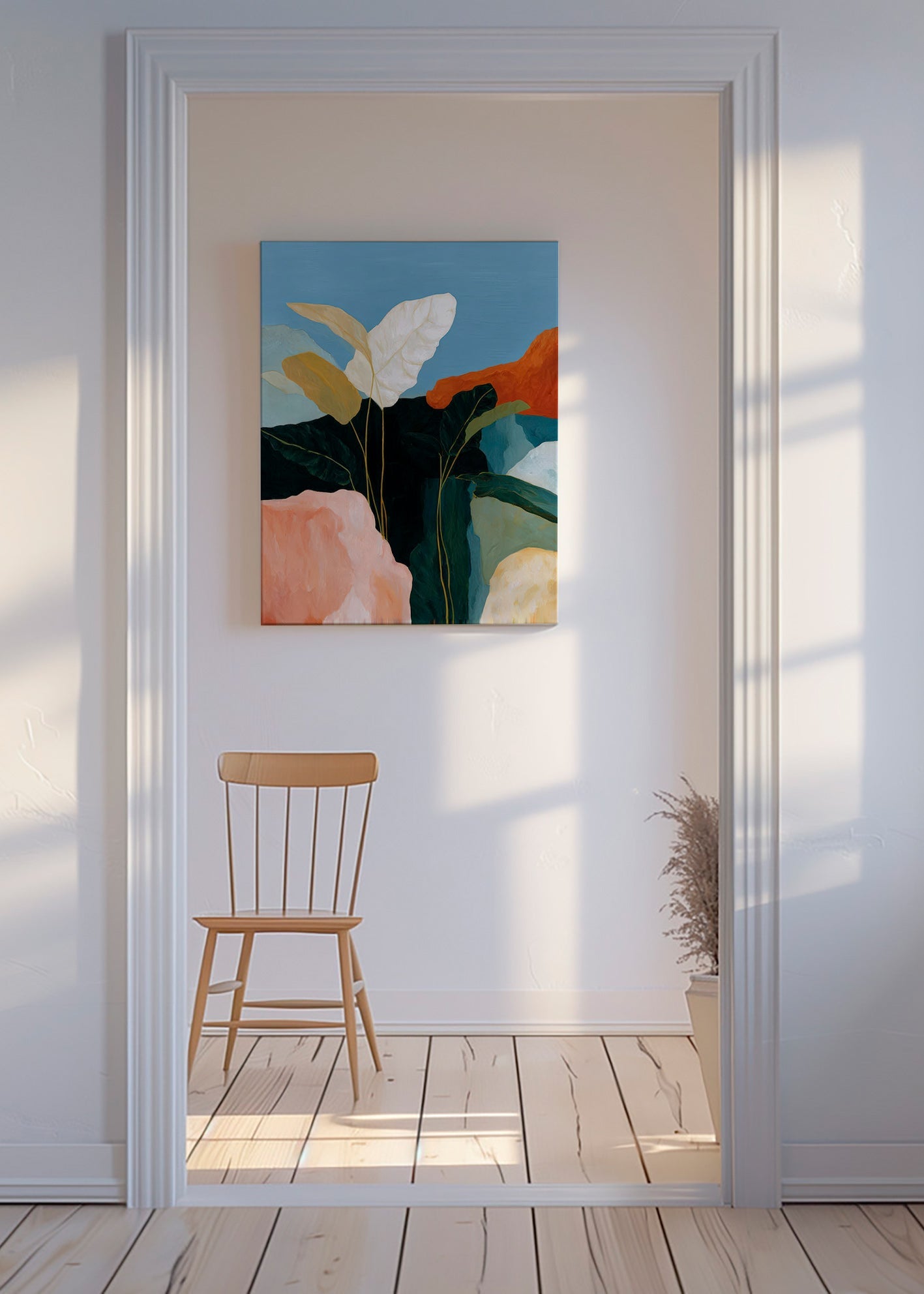 Lámina botánica hojas blancas y rocas coloridas – Canvas