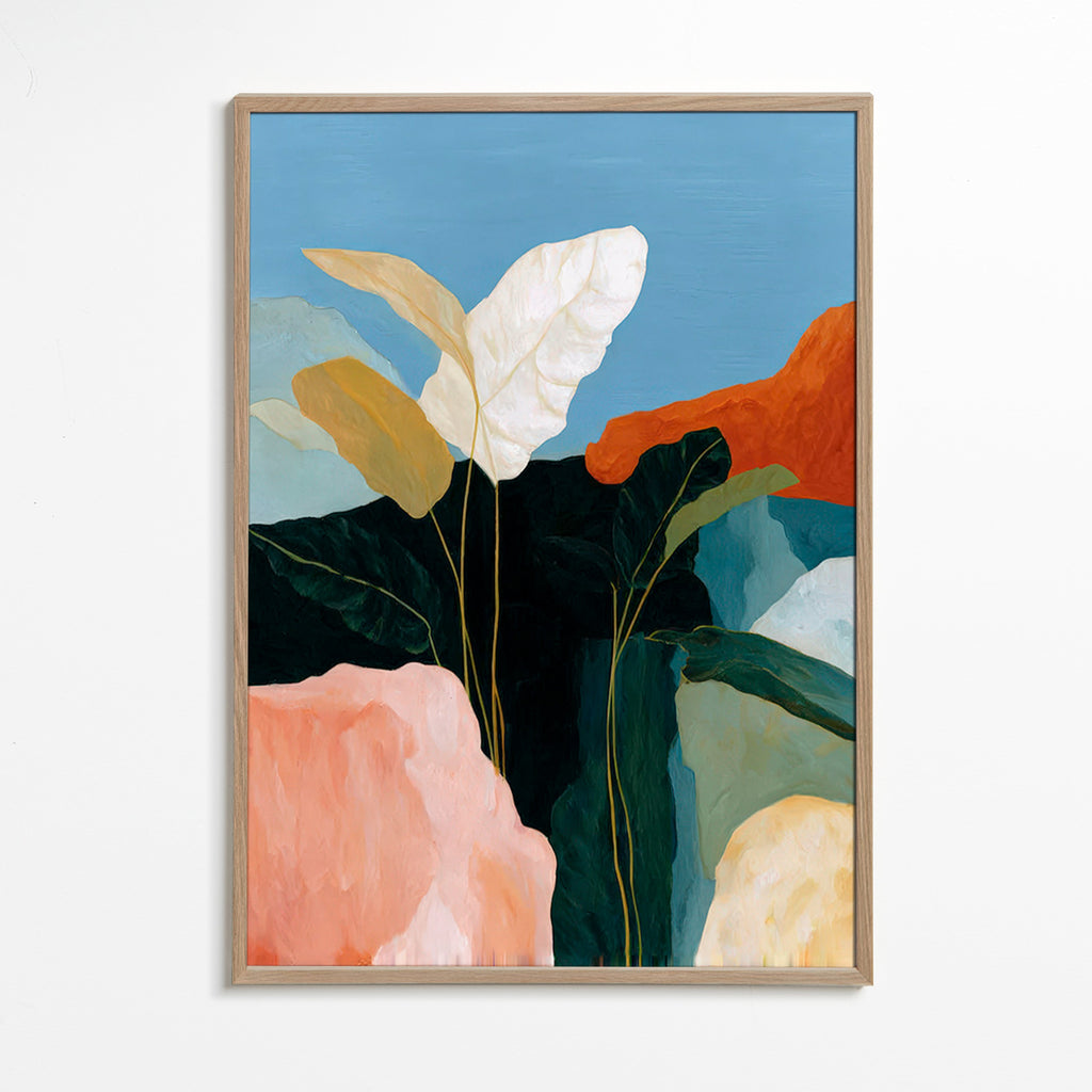 Lámina botánica hojas blancas y rocas coloridas – Oak Frame