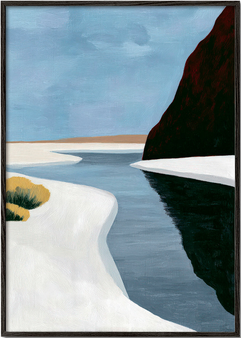 Cuadro de paisaje: estuario minimalista con acantilado oscuro – Black Frame