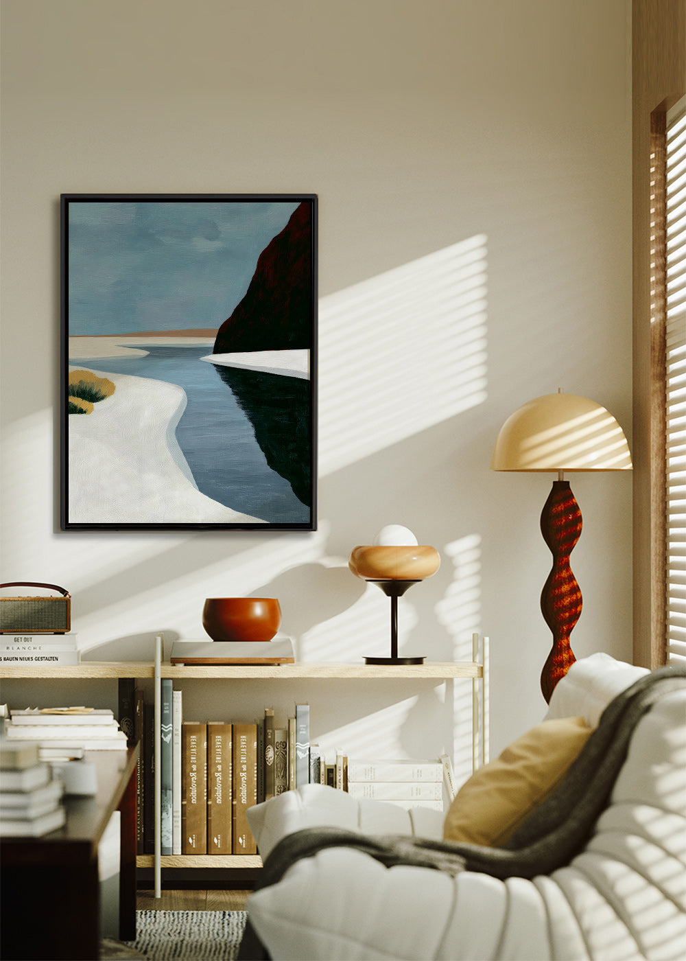 Cuadro de paisaje: estuario minimalista con acantilado oscuro – Canvas1