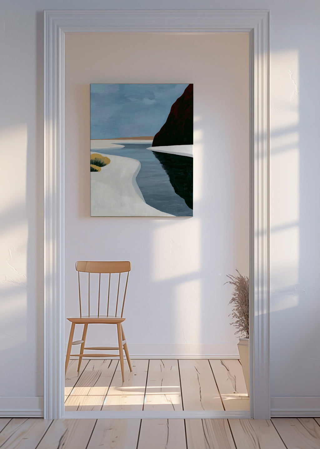 Cuadro de paisaje: estuario minimalista con acantilado oscuro – Canvas