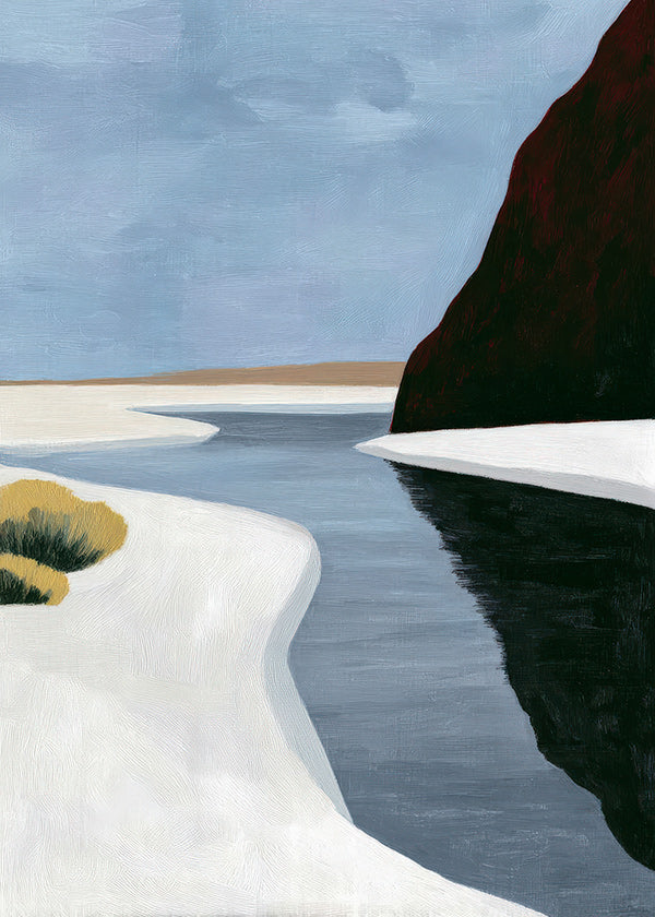Cuadro de paisaje: estuario minimalista con acantilado oscuro