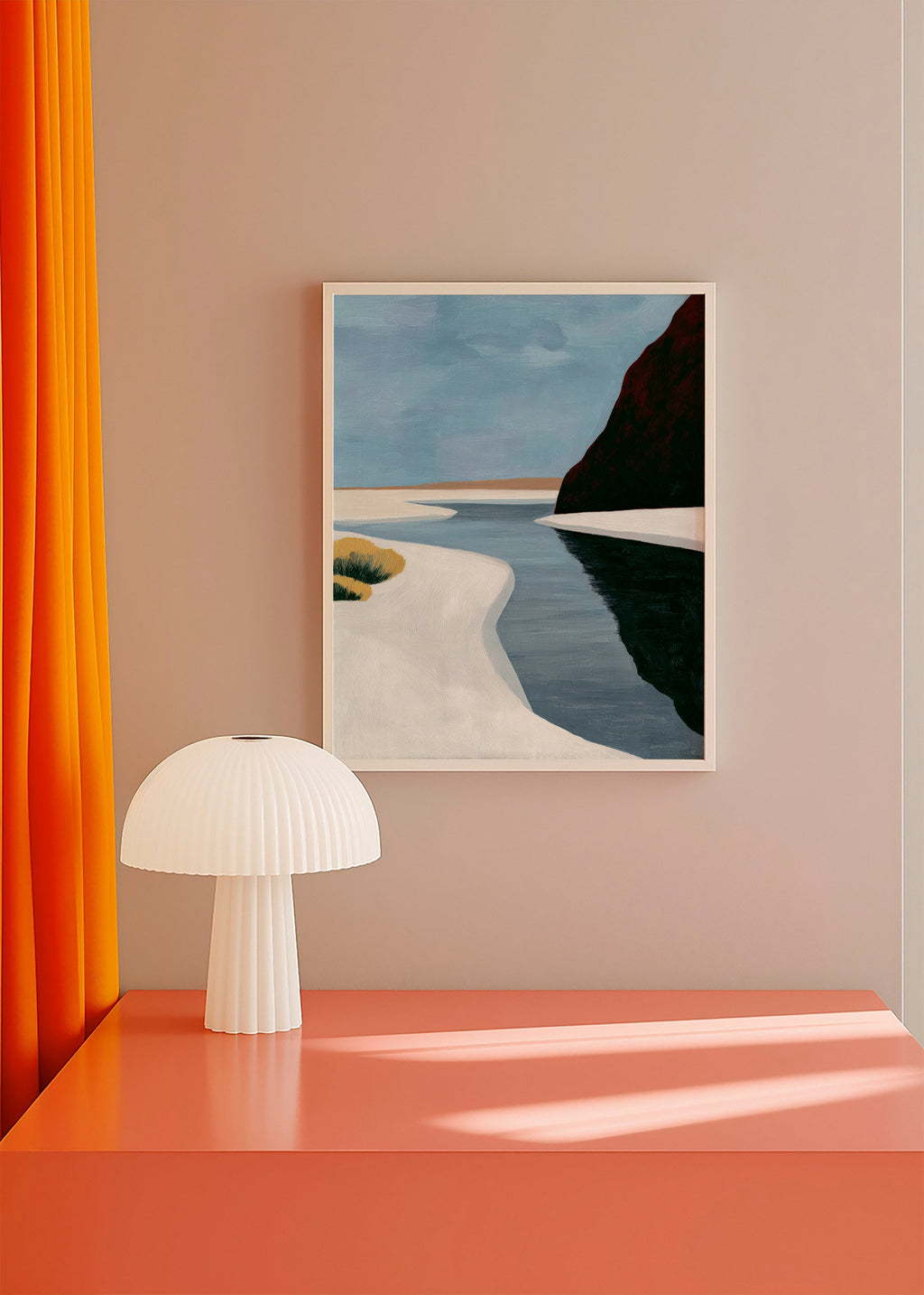 Cuadro de paisaje: estuario minimalista con acantilado oscuro – Product2
