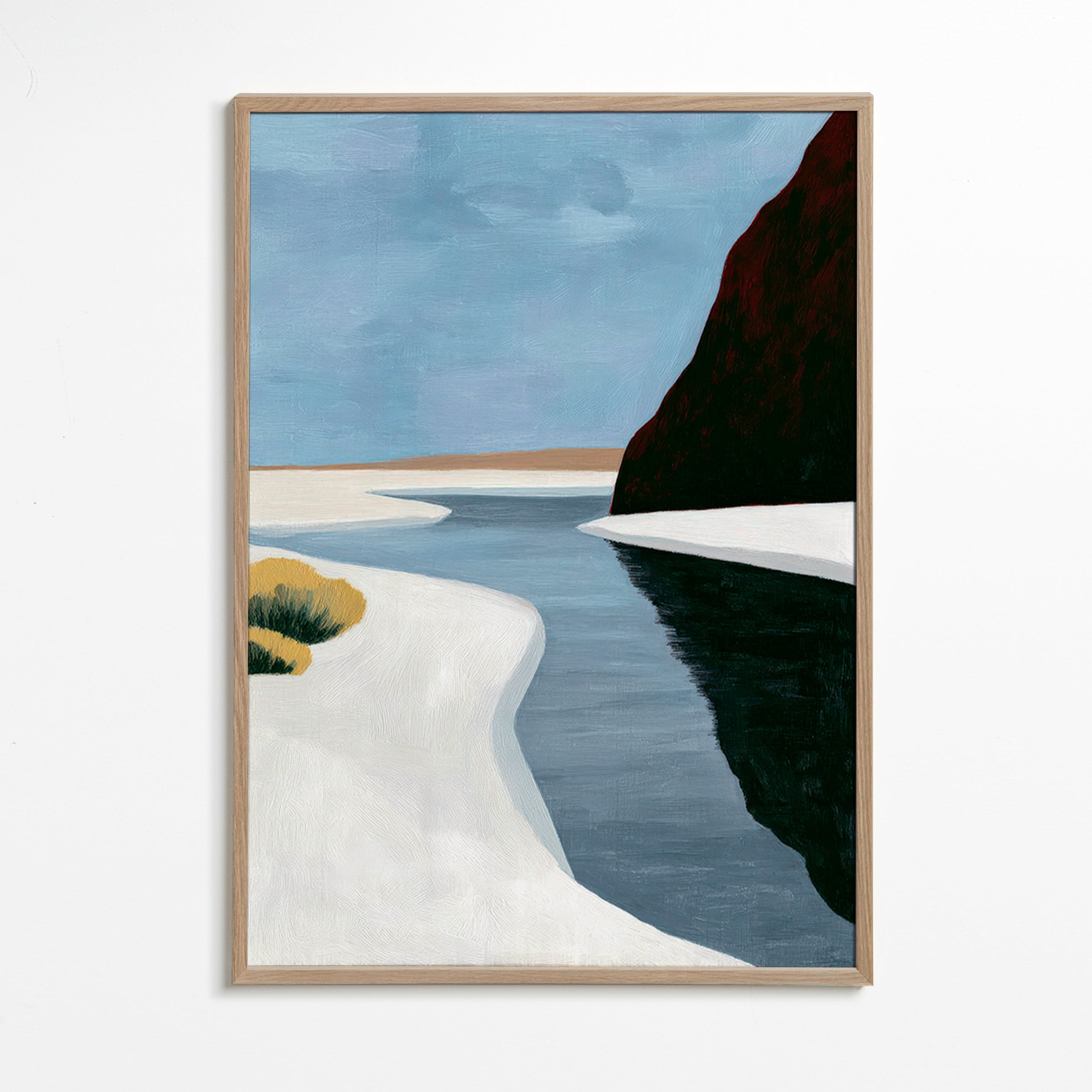 Cuadro de paisaje: estuario minimalista con acantilado oscuro – Oak Frame