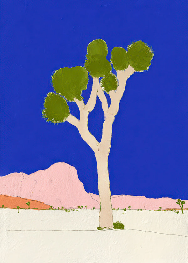 Cuadro de paisaje con árbol desértico y cielo azul intenso