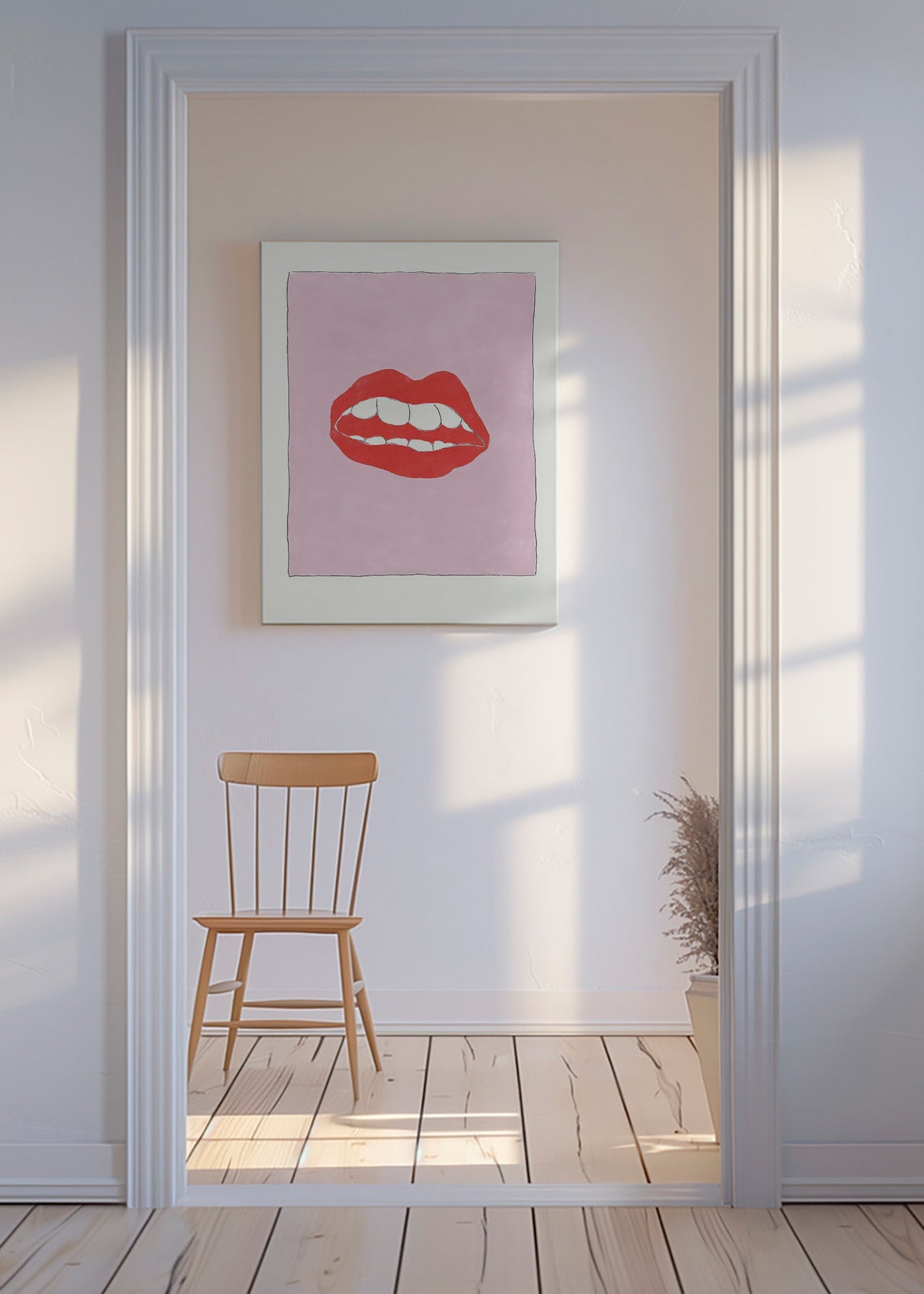 Ilustración de labios rojos sobre fondo rosa – Canvas