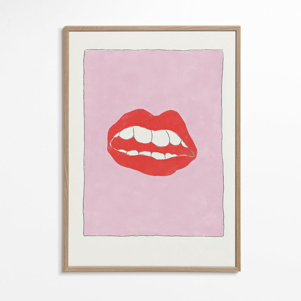 Ilustración de labios rojos sobre fondo rosa – Oak Frame