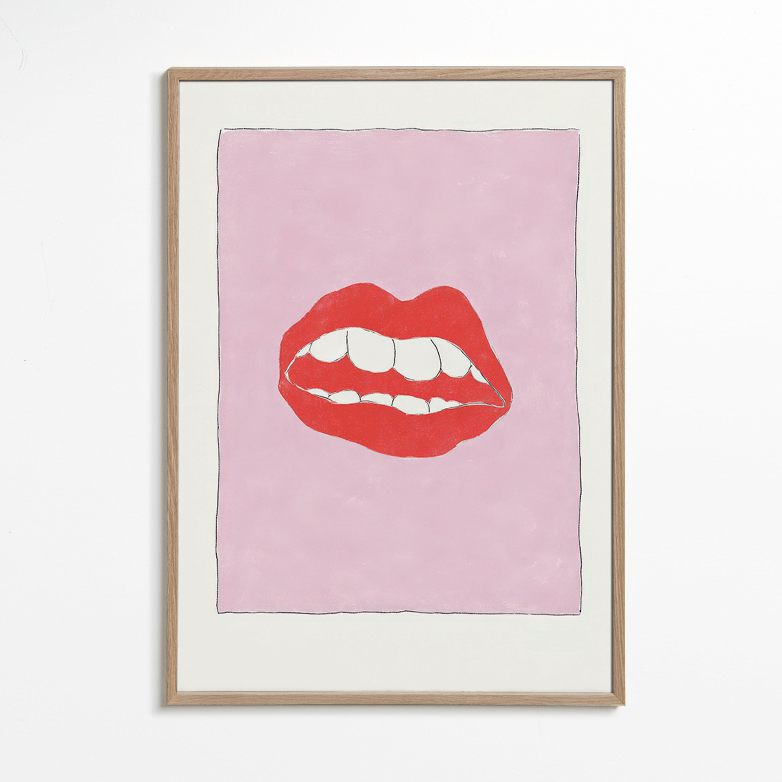 Ilustración de labios rojos sobre fondo rosa – Oak Frame