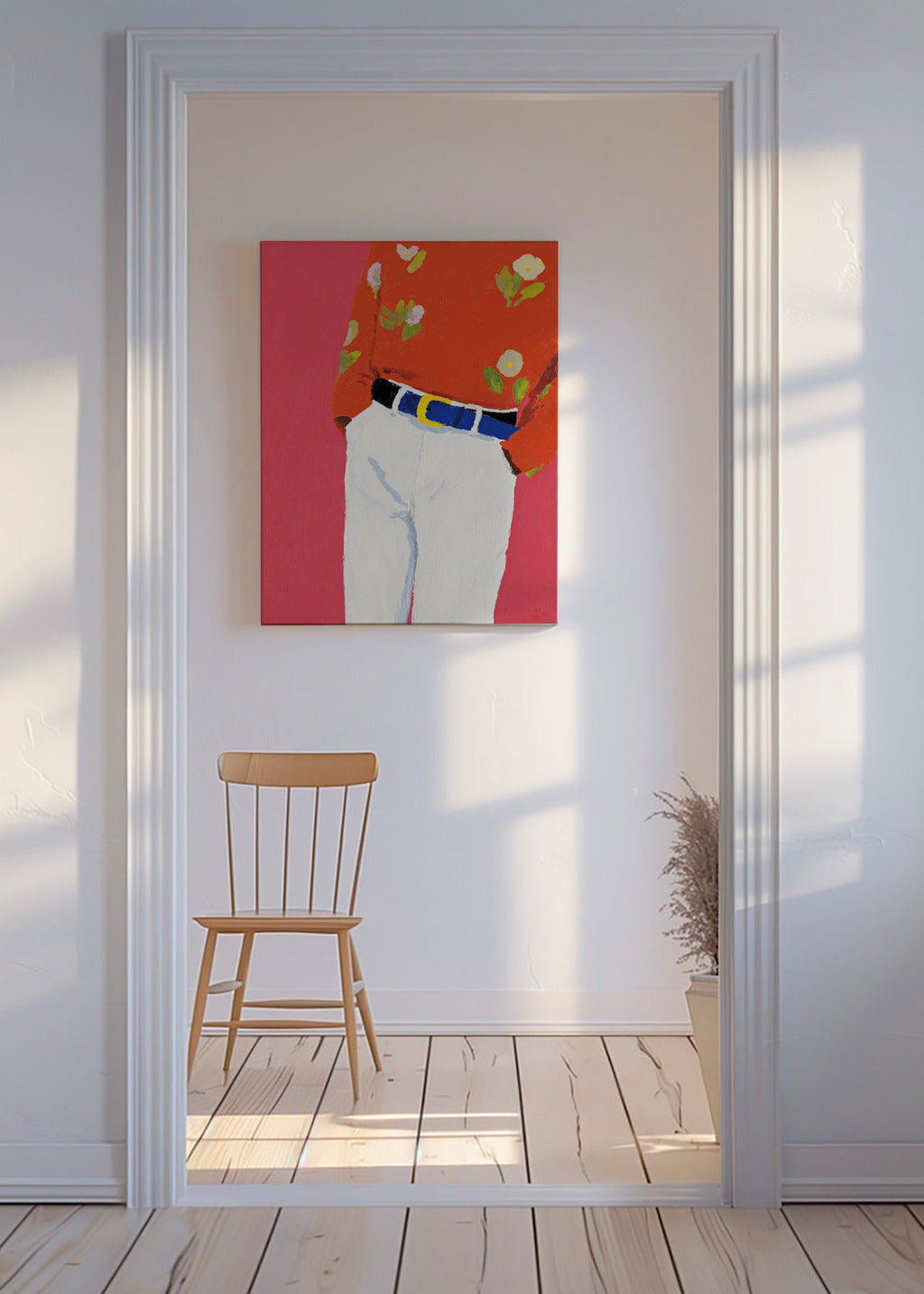 Ilustración torso con camisa floral y fondo rosa – Canvas