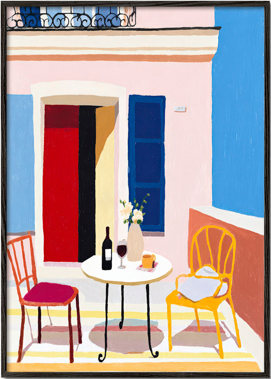 Cuadro de cocina: balcón italiano con mesa y copa de vino – Black Frame