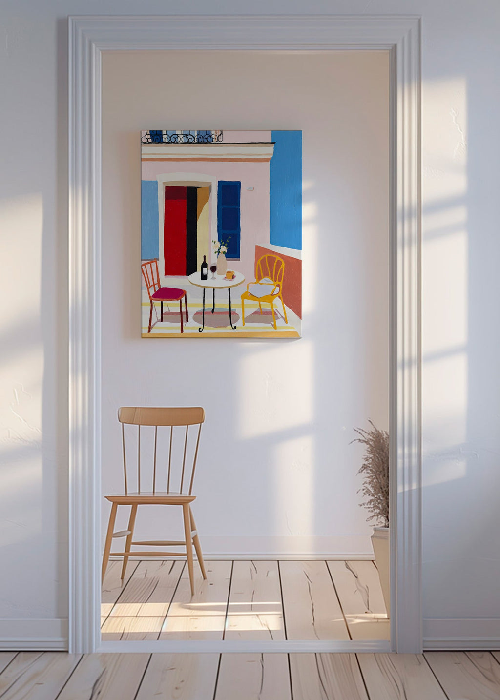Cuadro de cocina: balcón italiano con mesa y copa de vino – Canvas
