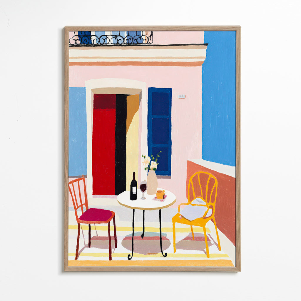 Cuadro de cocina: balcón italiano con mesa y copa de vino – Oak Frame