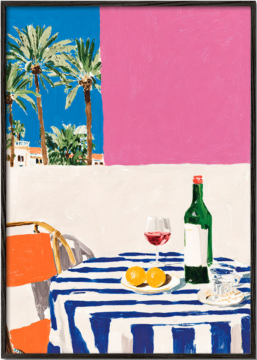 Cuadro de cocina con mesa a rayas, vino y palmeras – Black Frame