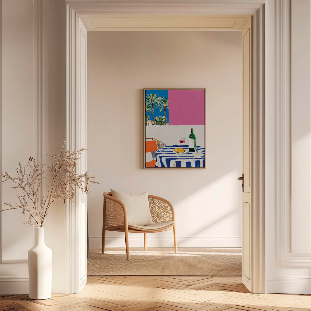 Cuadro de cocina con mesa a rayas, vino y palmeras – Canvas1