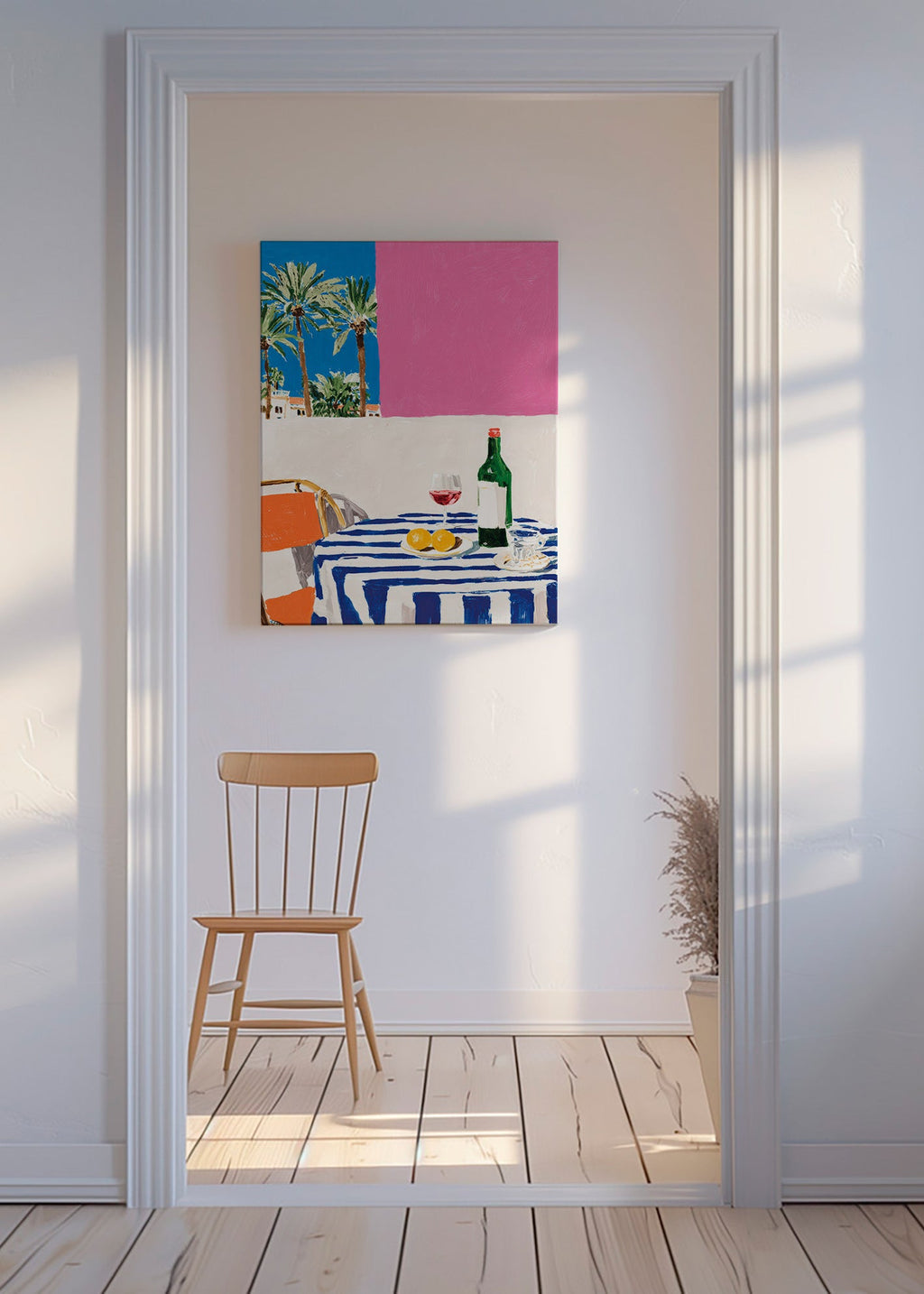 Cuadro de cocina con mesa a rayas, vino y palmeras – Canvas