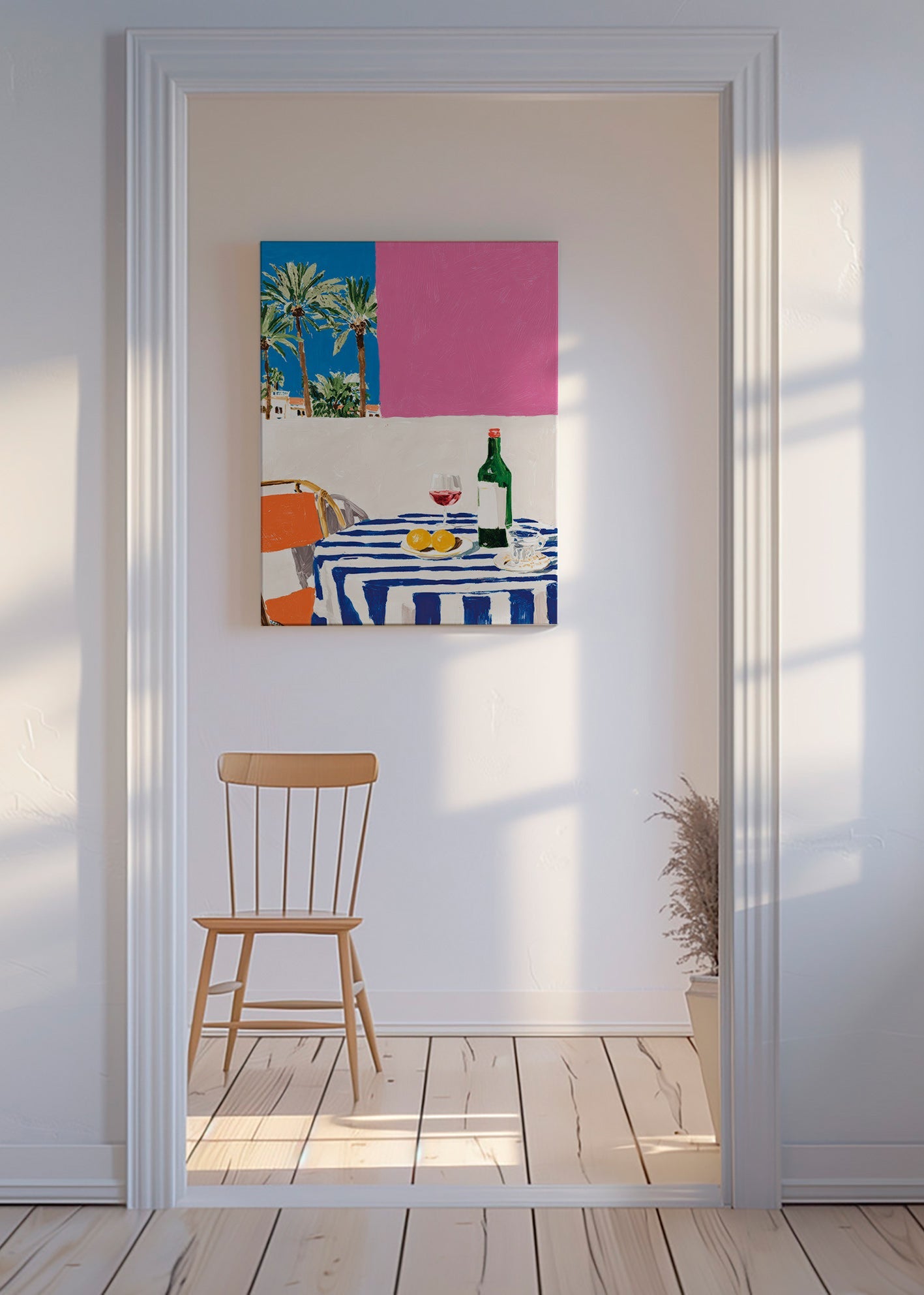 Cuadro de cocina con mesa a rayas, vino y palmeras – Canvas