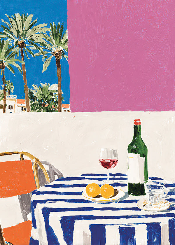Cuadro de cocina con mesa a rayas, vino y palmeras