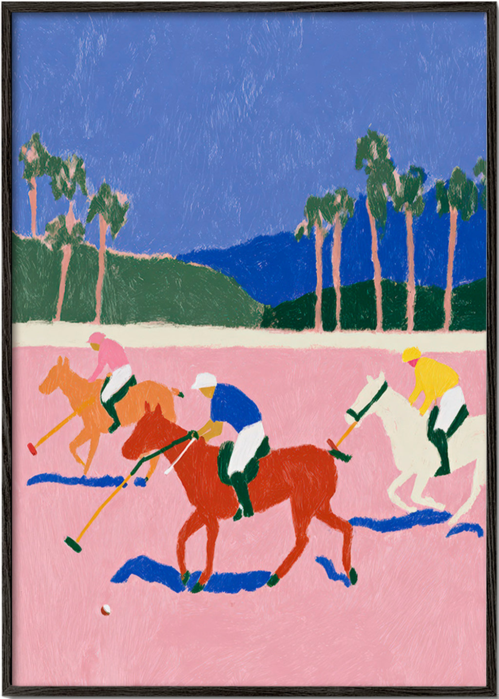 Cuadro deportivo con escena de polo en rosa – Black Frame