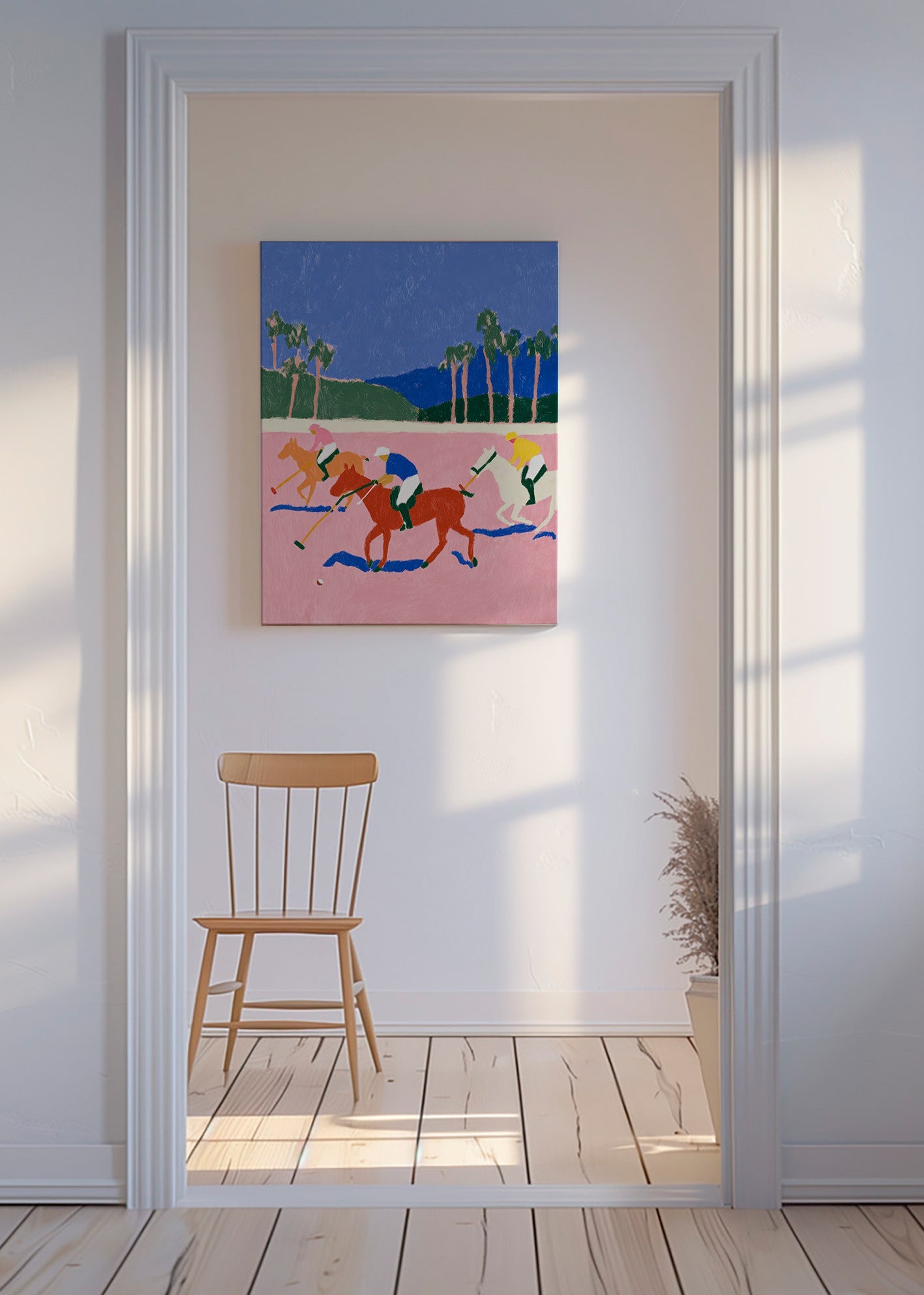 Cuadro deportivo con escena de polo en rosa – Canvas