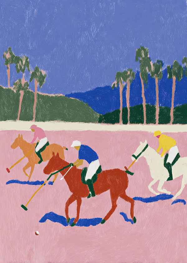 Cuadro deportivo con escena de polo en rosa