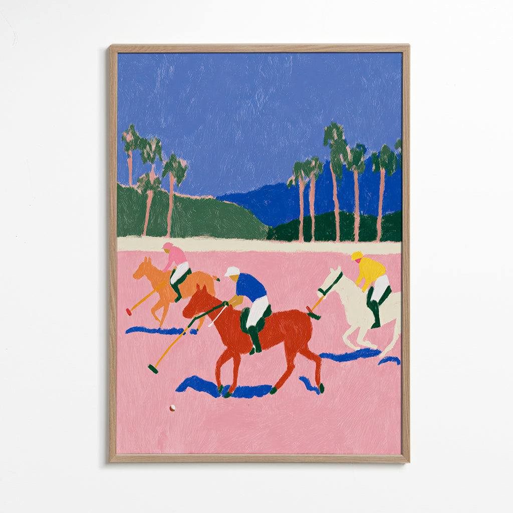 Cuadro deportivo con escena de polo en rosa – Oak Frame
