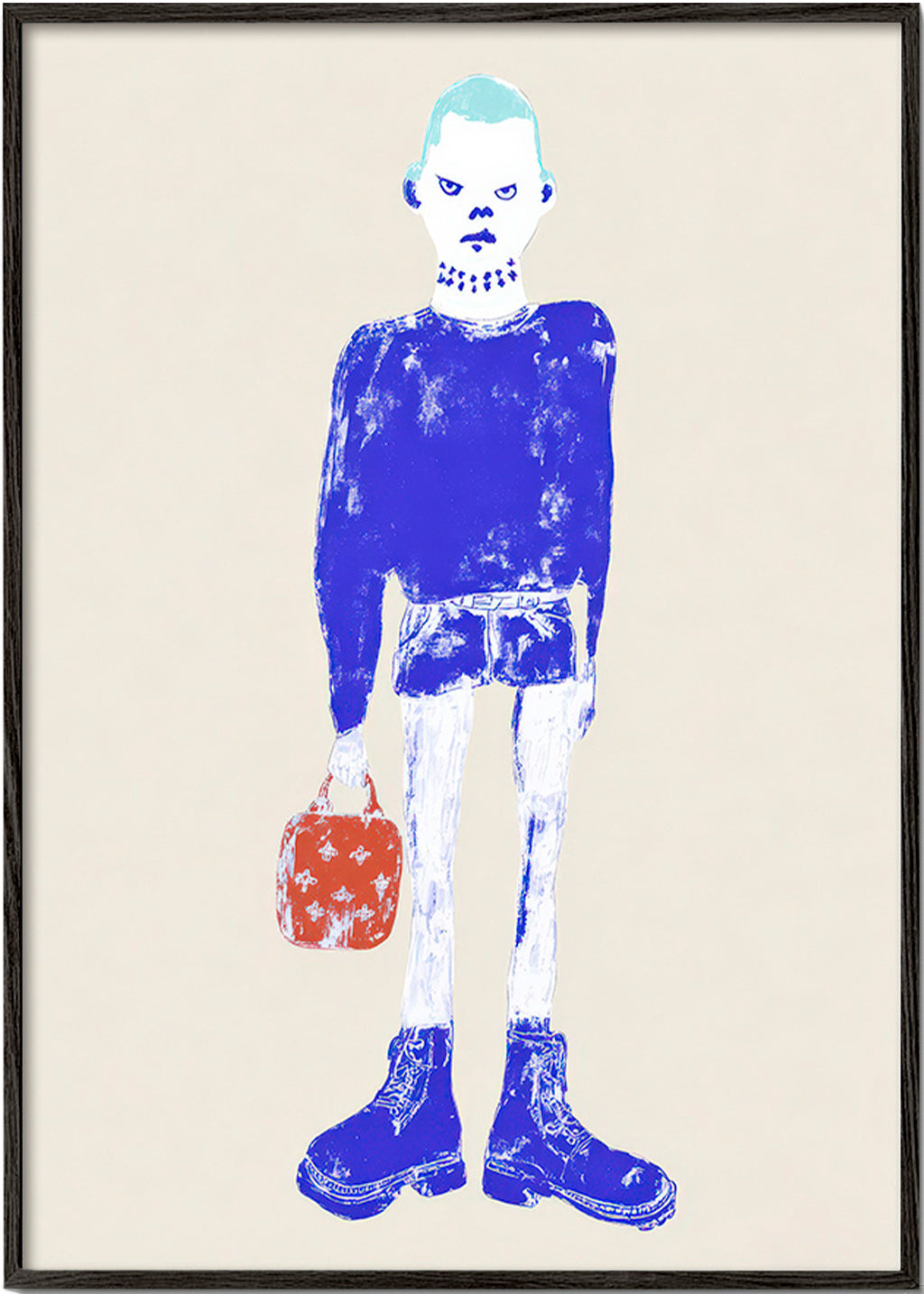 Ilustración de figura azul con maleta – Black Frame