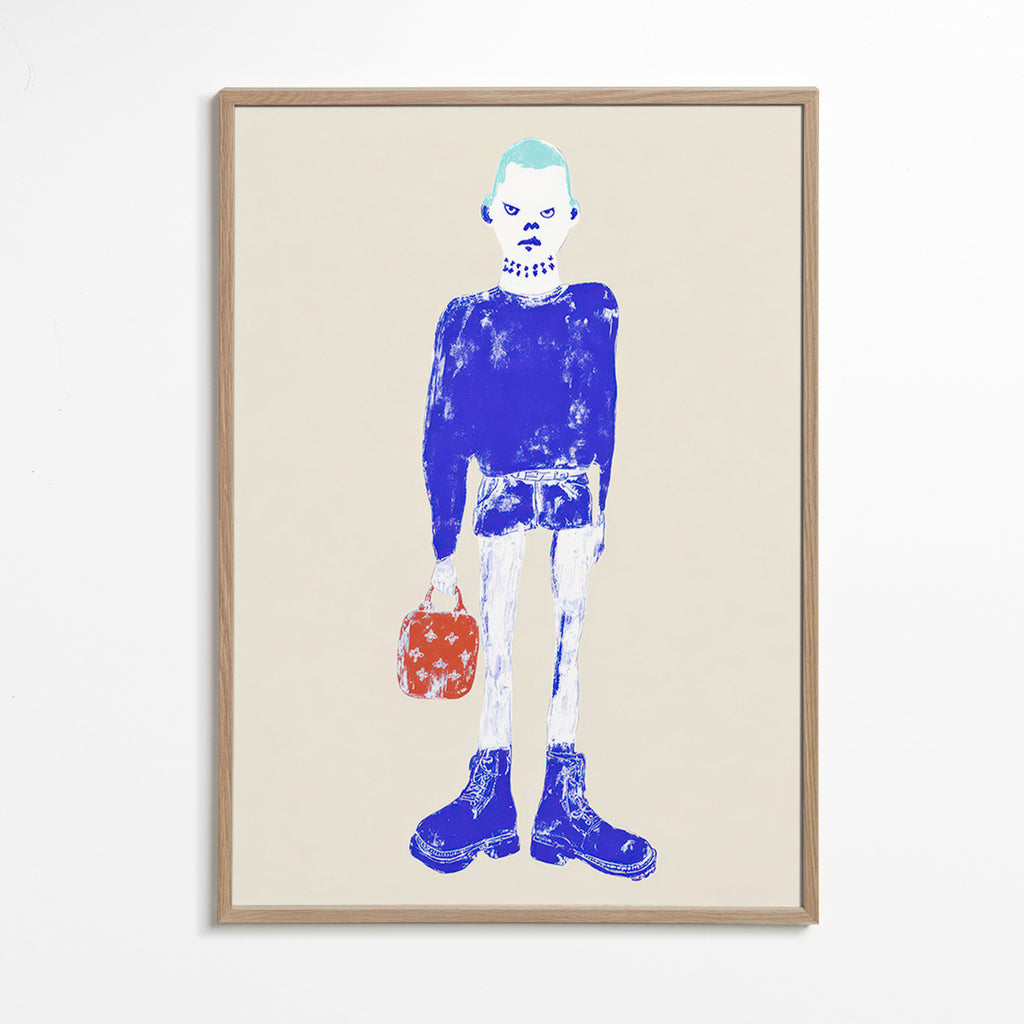 Ilustración de figura azul con maleta – Oak Frame